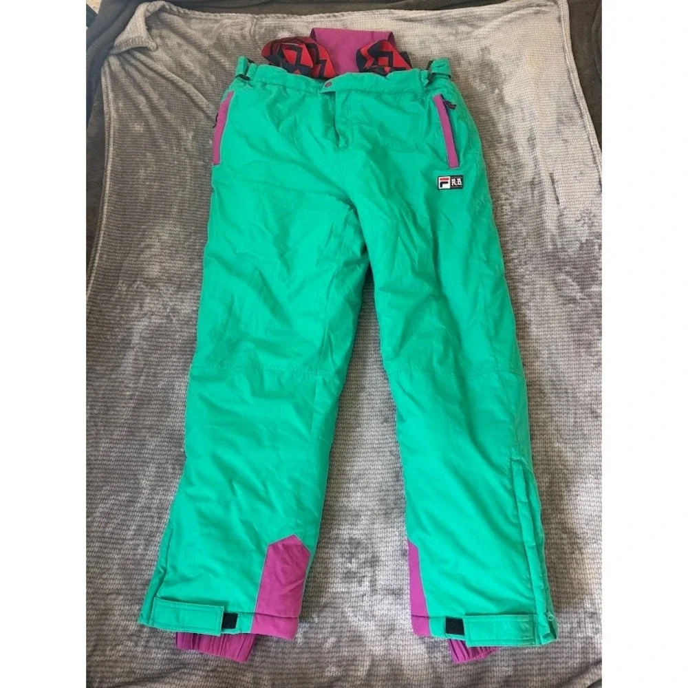 Fila x Rowing Blazers Ski Pants Green Purple Colorblock Suspenders Mens L 36X30